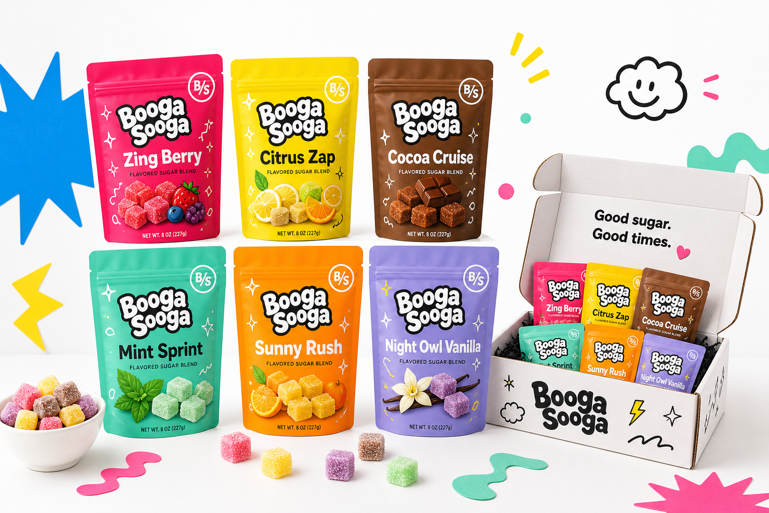 Booga Sooga colorful sugar pouches and bundle box